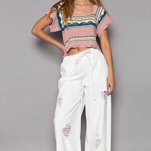 POL Pink and Green Striped Crop Top